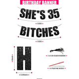 Pre-Strung 35Th Birthday Party Decorations Banner For Women With She'S 35 Bitches Black Glitter Letters Sign For Her