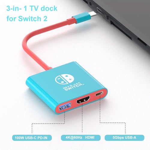 Switch 2 Dock, Portable TV Docking Station for Switch/Switch2/Steam Deck/ROG Ally/Legion GO, 3-in-1 Switch 2 Travel Dock with HDMI 4K@60Hz, 100W