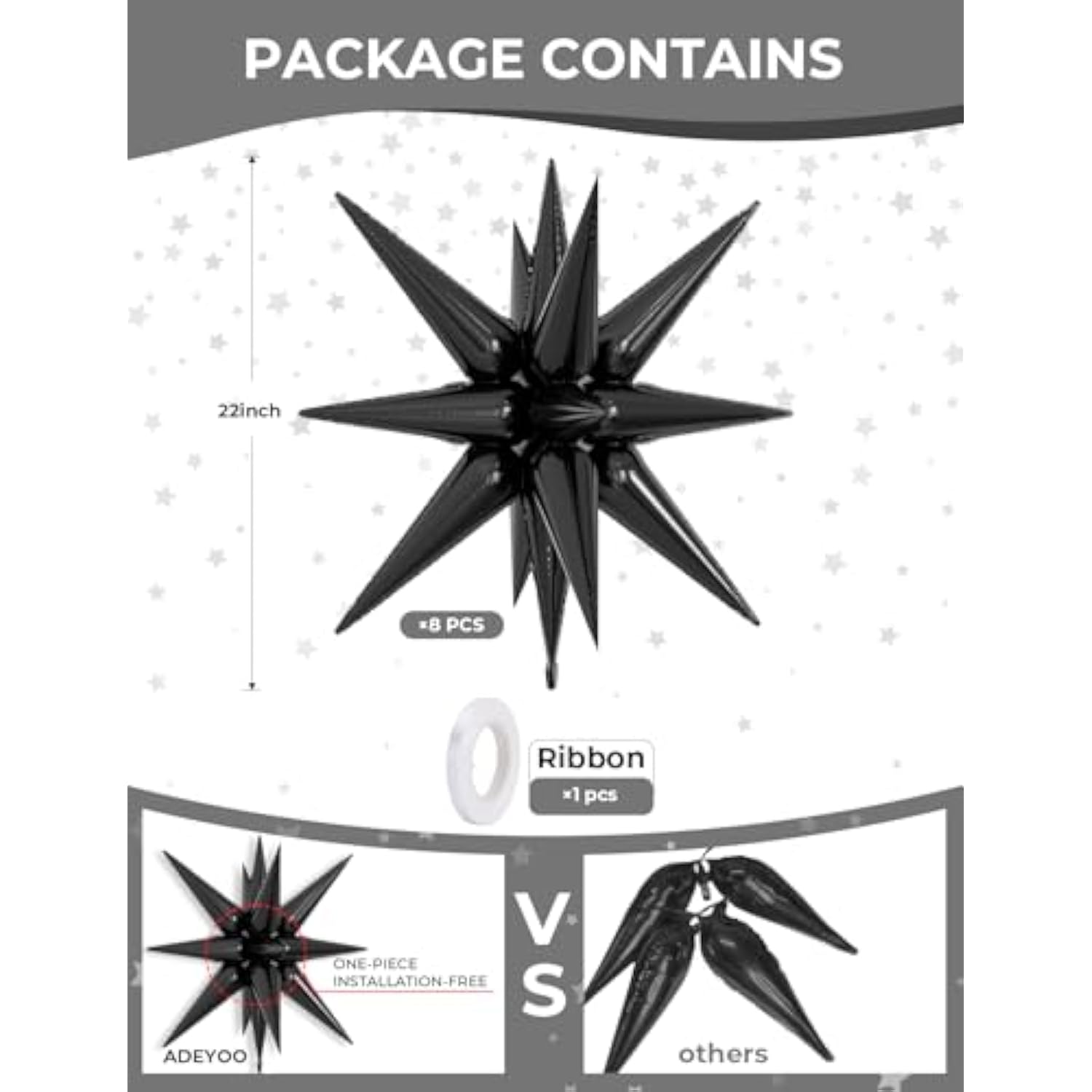 8pcs Black Star Balloons 22 Inch Foil 4D Spike Mylar Balloons for Party Decorations
