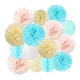 Light Blue Pink Beige Party Decorations 15pcs Gender Reveal Paper Flowers Lanterns Tissue Pom Poms Honeycomb Baby Shower Boy Or Girl Birthday He Or She Neutral Hanging Supplies