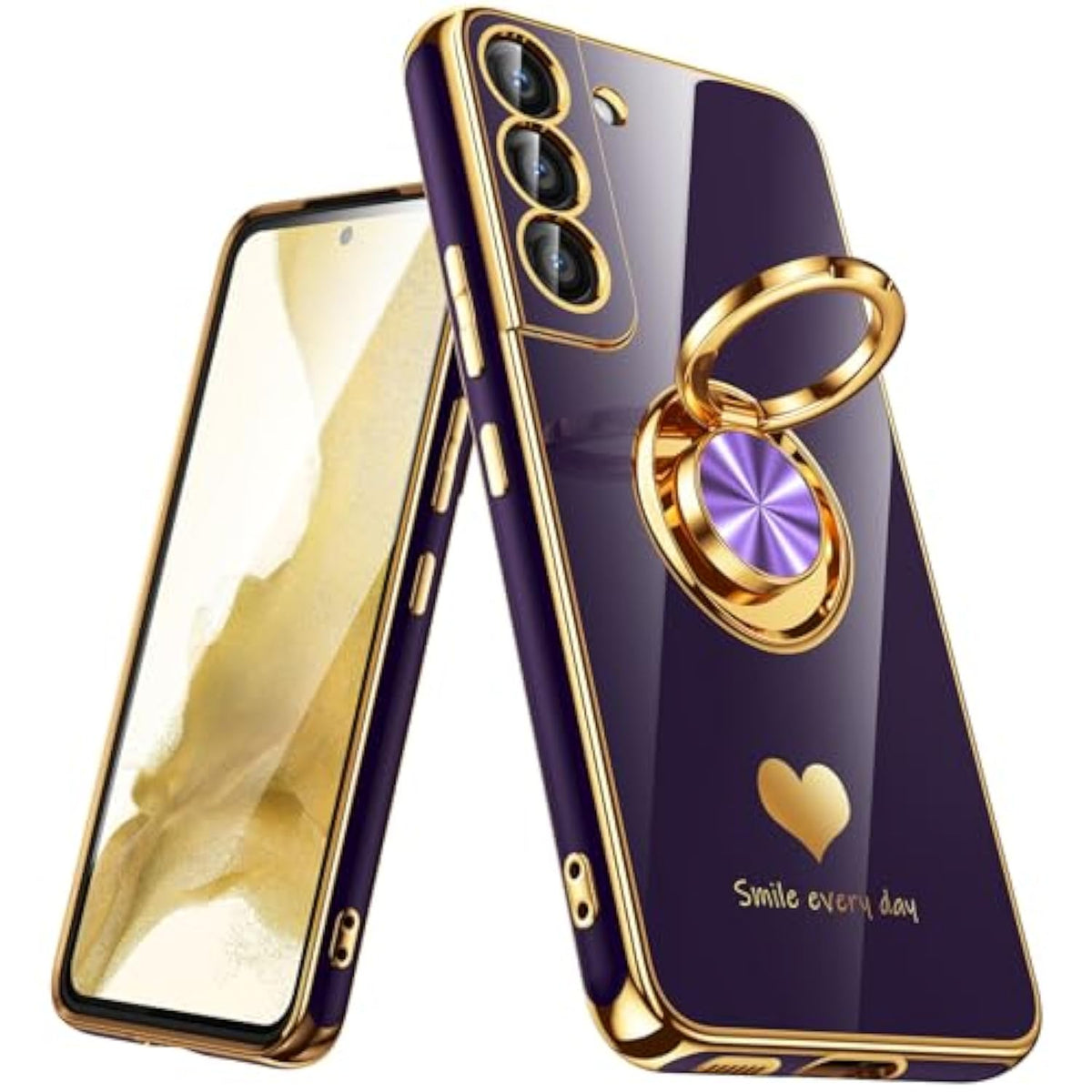 For Samsung Galaxy S22 5G Case, 360° Rotatable Ring Holder [Luxury Hearts Pattern] Plating Gold Edge Slim Soft Phone Cover Case For Galaxy S22 - Purple