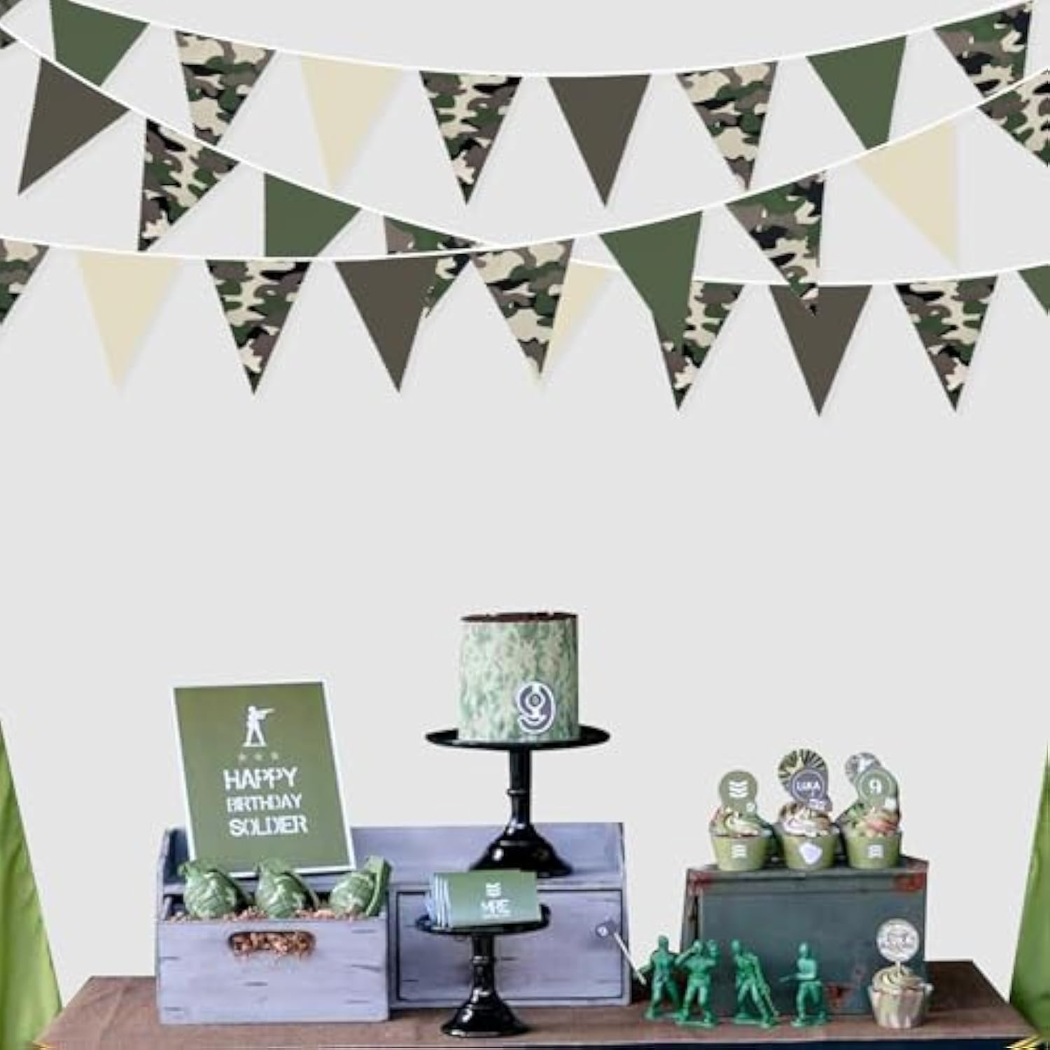 32Ft Camouflage Pennant Banner, Fabric Bunting for Military, Army, Birthday Party