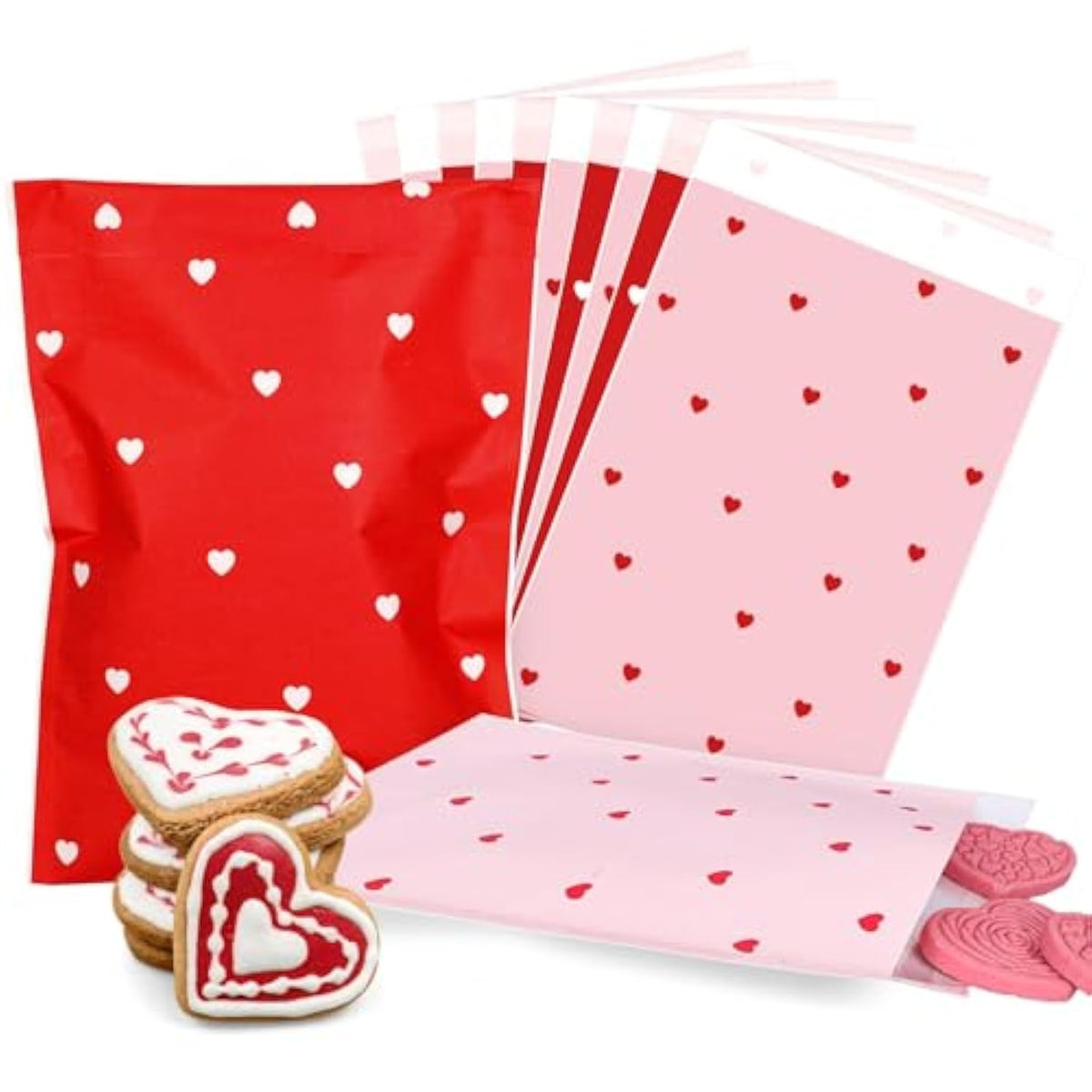 100Pcs Valentine Treat Bags Red Pink Self-Adhesive Paper Gift Bags Cute Heart Prints Goodies Candy Buffet Bags Holiday Cookie Bag For Wedding Mother'S Day Party Supplies