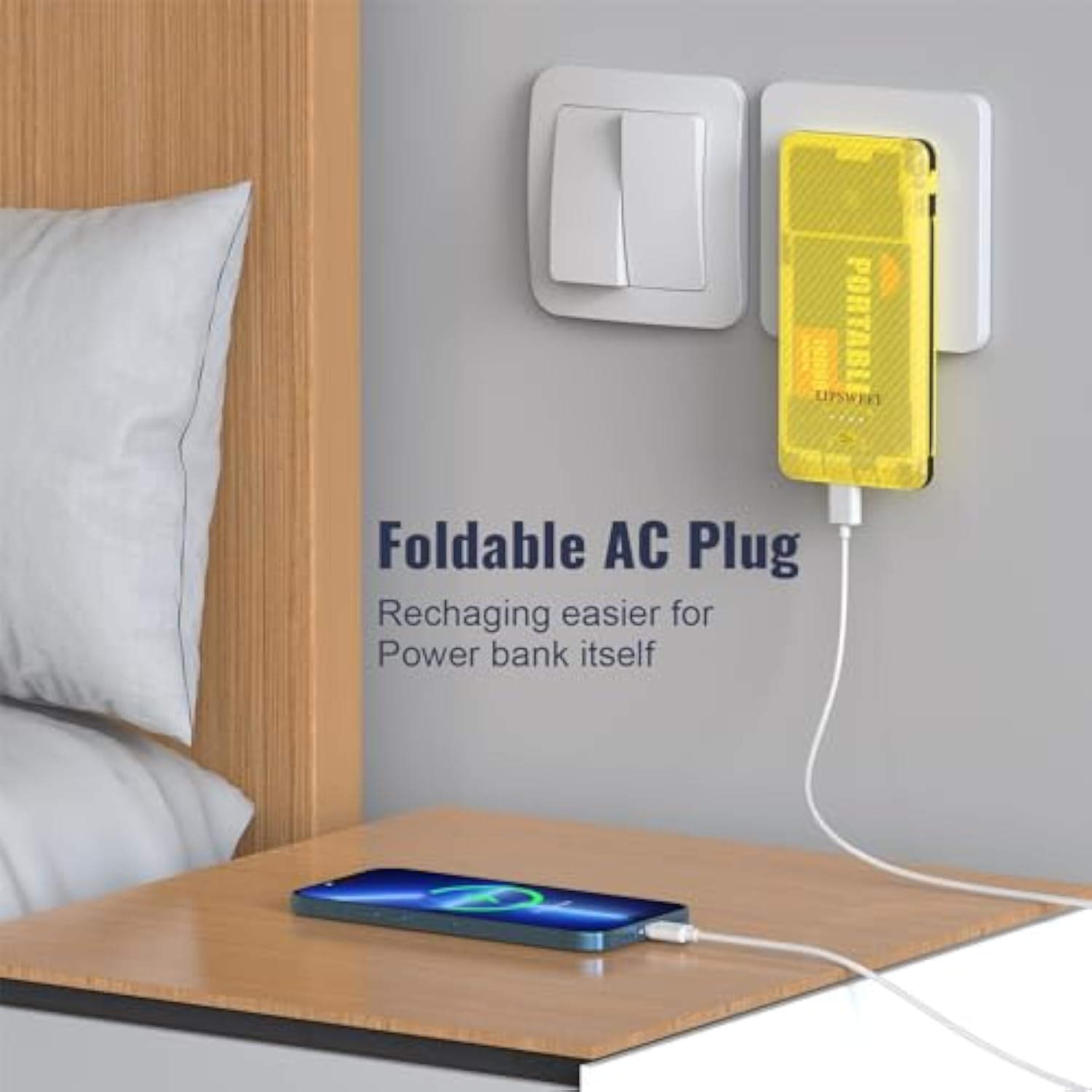 Portable Power Bank, Slim 10000Mah Portable Charger, Usb C Fast Charging External Battery Pack With Built-In Ac Wall Plug, Three Cables Compatible With Iphone Samsung Tablet Etc (Yellow)