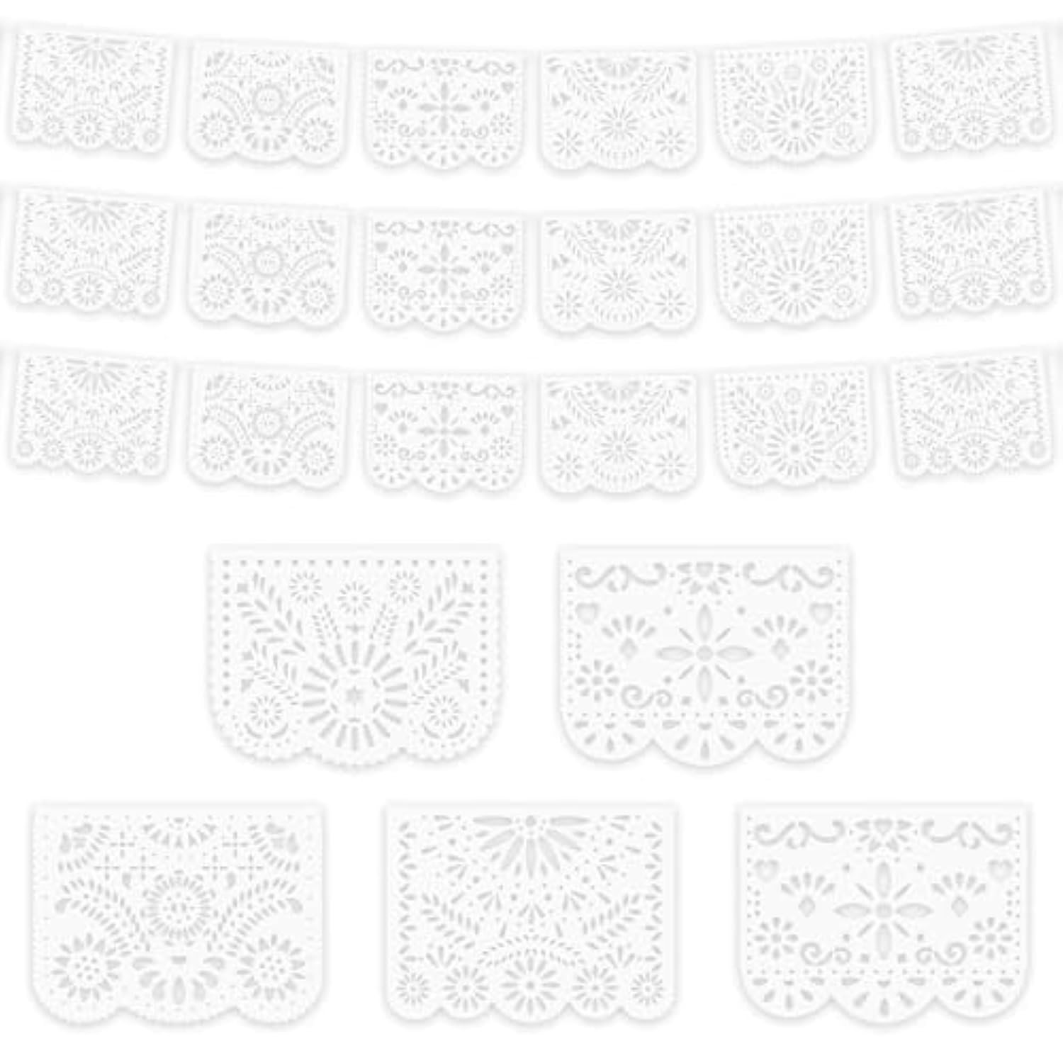 White Papel Picado Banner, 20 Ft Cinco De Mayo Decoration Plastic White Mexican Banners For Parties And Weddings - 5 De Mayo Mexican Themed Birthday Party Decorations Supplies (5 Designs)