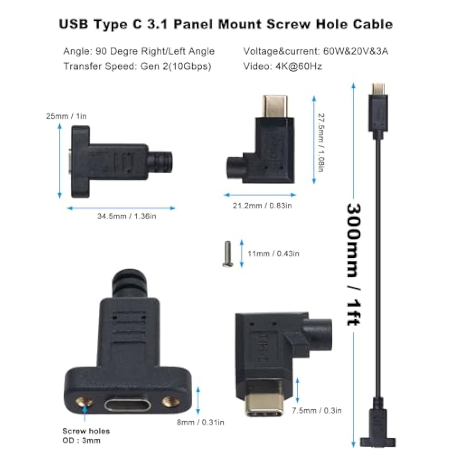 Usb C Male To Female Extension Cable 1Feet/30Cm, Right& Left Angled 90 Degree