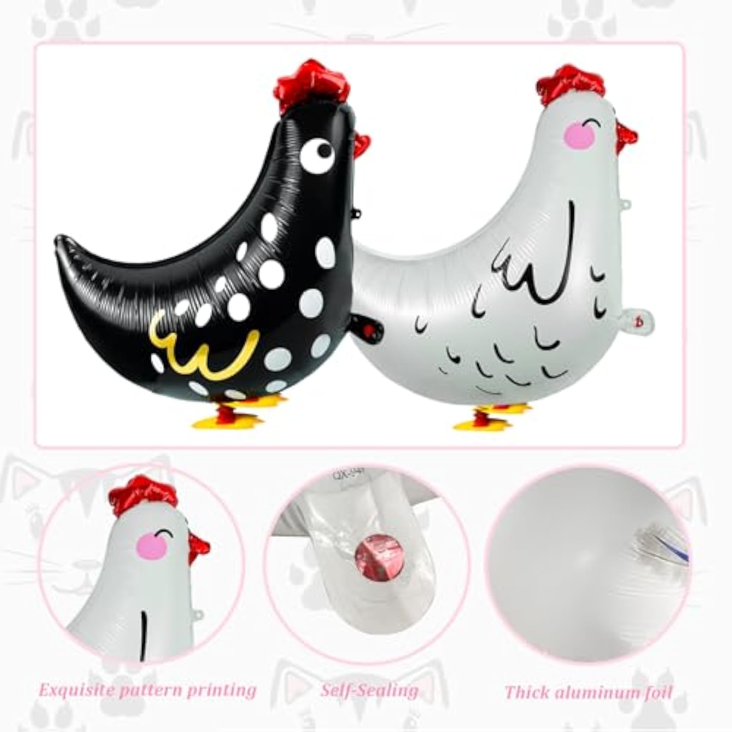 8 Pc Walking Chicken Balloons (4 White, 4 Black) for Farm Animal Birthday/Shower