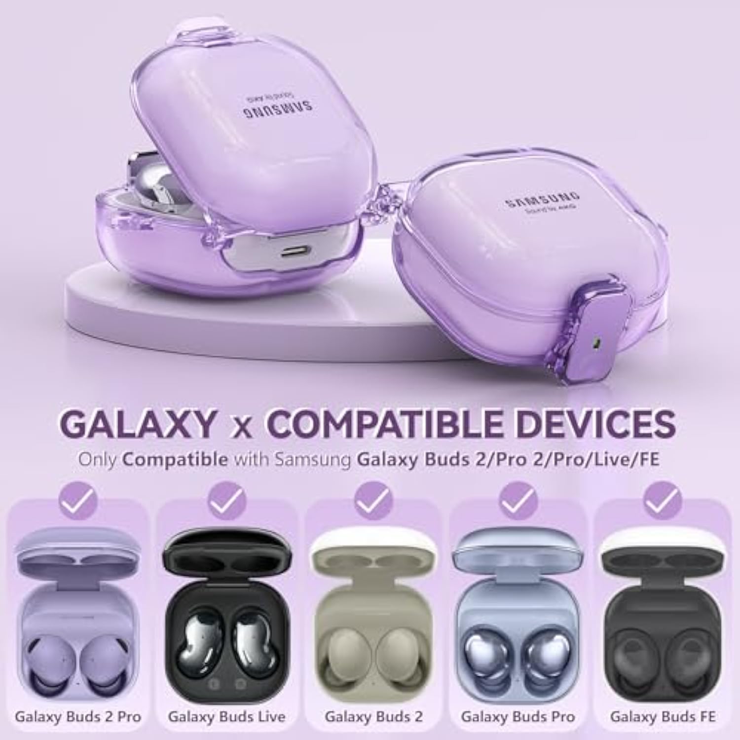 For Samsung Galaxy Buds Pro 2 Case/Galaxy Buds Fe Case/Galaxy Buds 2/Galaxy Buds Pro/Galaxy Buds Live,With Safety Lock Housing,Accessories With Keychain/Silicone Wrist Strap - Purple