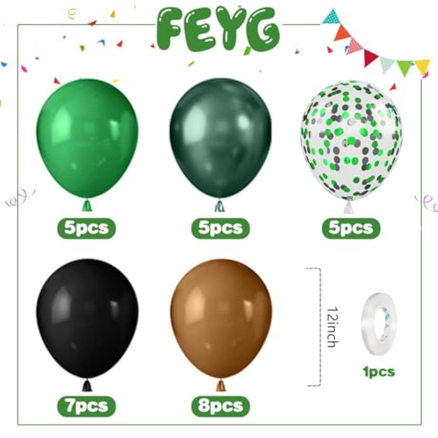 Green And Brown Balloons,12 Inch Metallic Avocado Dark Green Khaki Black Confetti Balloon With Ribbon,For Jungle Safari Theme Camo Birthday Baby Shower Party Decorations