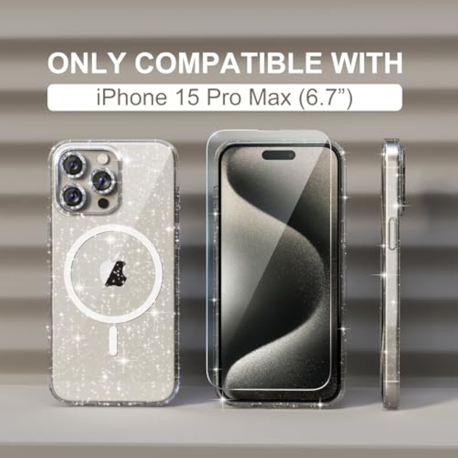 For Iphone 15 Pro Max Case Magnetic, Women Clear Glitter Bling Sparkly Case, [3Xdiamond Camera Lens Protectors] [2Xtempered Glass Screen Protectors] [Compatible Magsafe] (Glitter Clear)