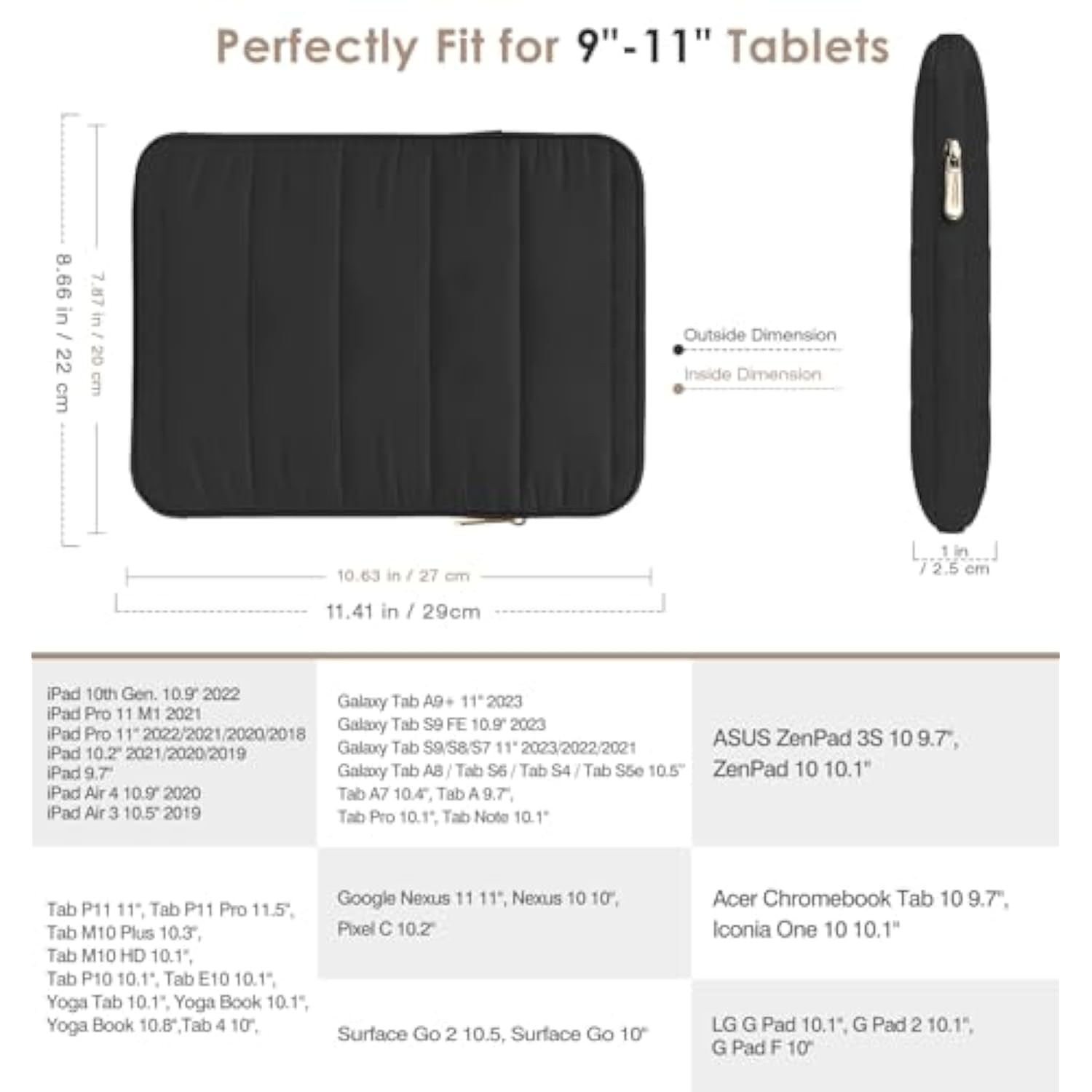 Moko 9-11 Inch Tablet Sleeve Case, Puffy Portable Bag Fit With New 11-inch iPad Pro, Air, iPad 10, 9, Tab S8/S9 11", Black