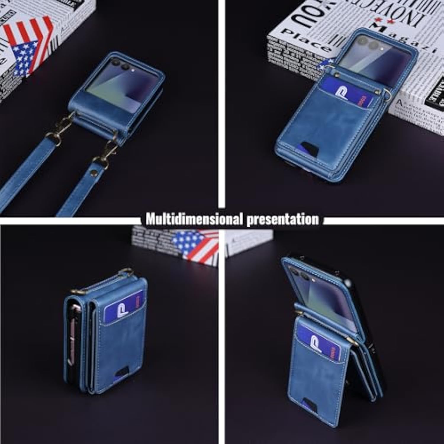 For Samsung Galaxy Z Flip 7 Pu Leather Wallet Phone Case With Card Slots (Holds 5-7 Cards), Anti-Drop Protection, Wrist & Shoulder Strap Blue