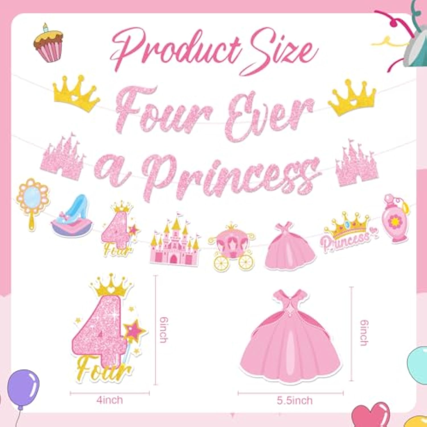 Four Ever A Princess Banner - 3 Pcs Pre-Strung Princess 4Th Birthday Party Decorations Glitter Pink Gold Castle Crown Carriage Ceiling Garland Decor Happy 4 Years Old Party Supplies For Girls