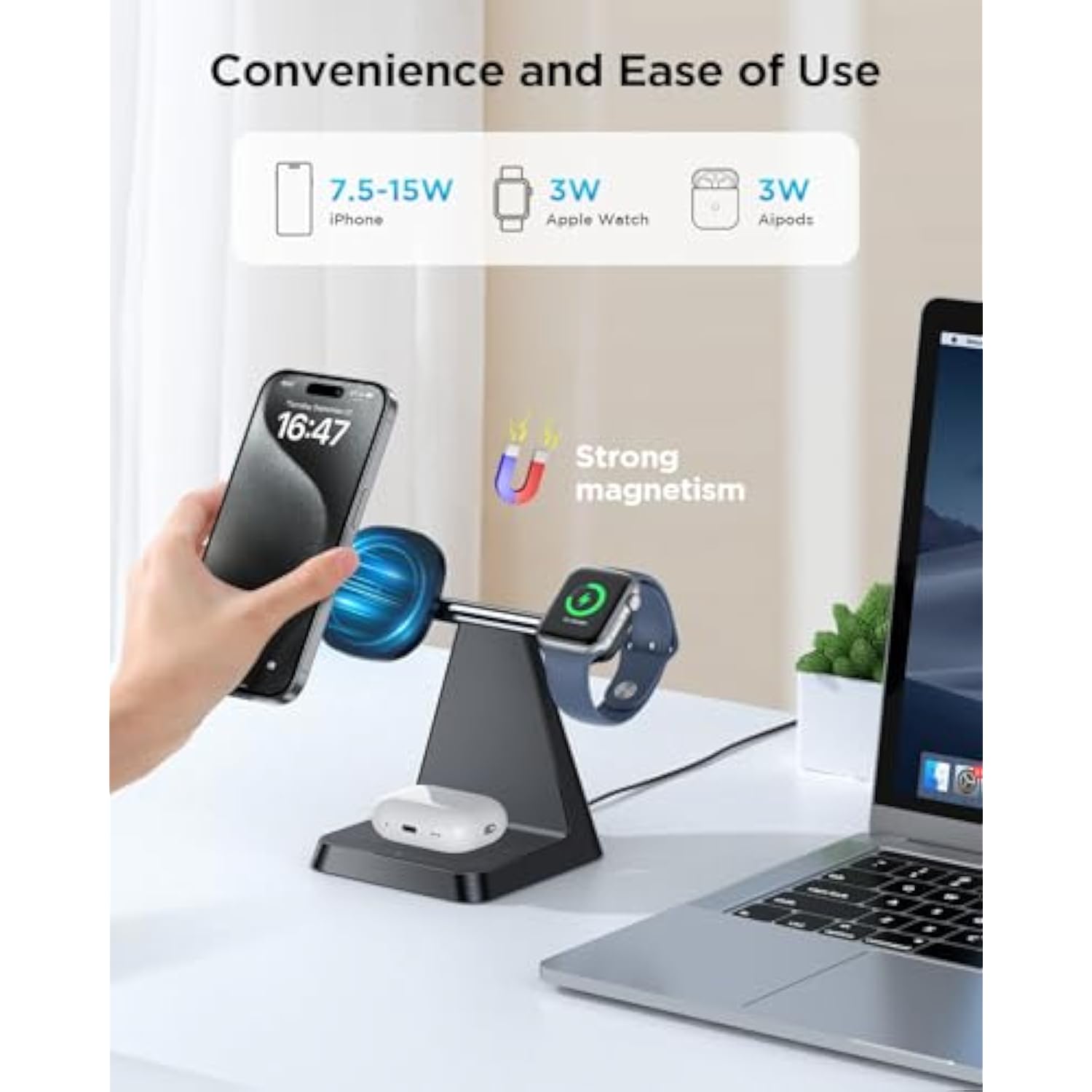 Charging Station For Multiple Devices Apple: 3 In 1 Magnetic Wireless Charger Stand For Mag Safe Iphone - Nightstand Charging Dock For Iphone 16 15 14 13 12 Pro Max Plus Apple Watch Airpods
