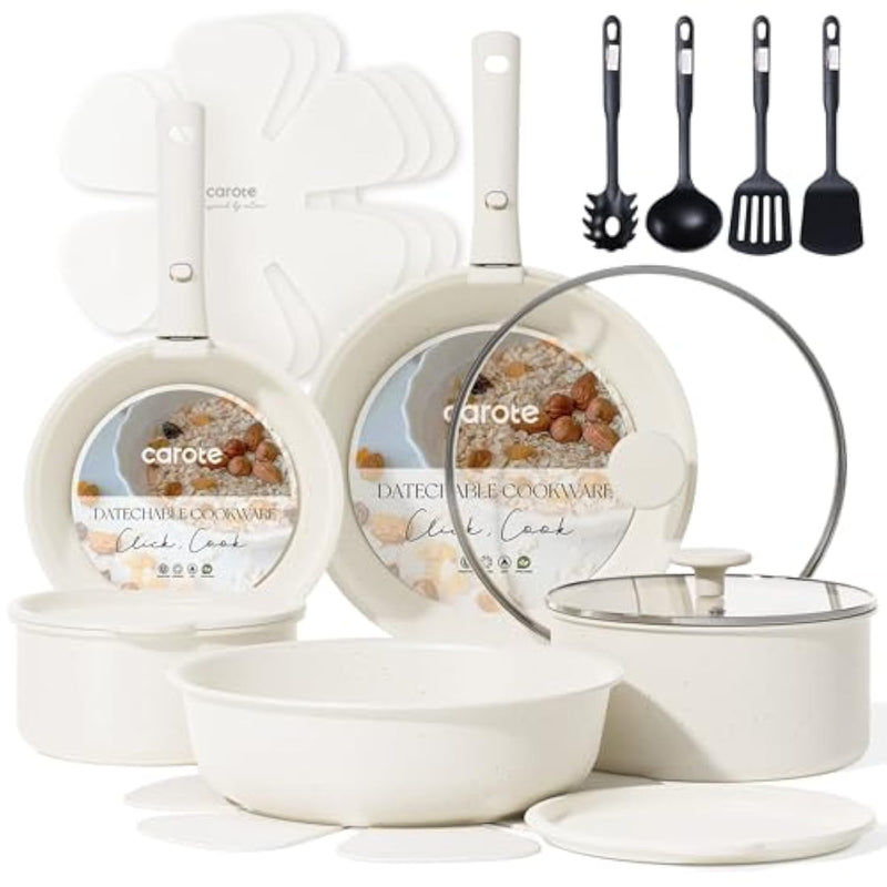 19Pcs Pots And Pans Set Non Stick, Cookware Sets, Kitchen Set, Oven/Fridge Safe, Space Saving Pots Set, Nonstick Cooking Set With Versatile Detachable Handle, Induction Rv Set, Cream White