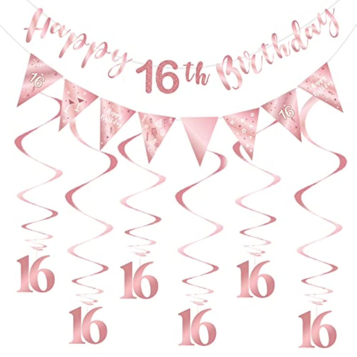 Rose gold 16th birthday decor with banner, bunting, swirls & triangle flags