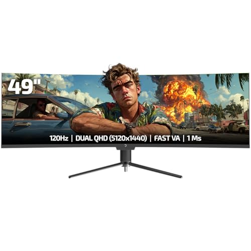 Dq49 Inch Curved Ultrawide Gaming Monitor, 1Ms, 120Hz Refresh Rate, 32:9, Dqhd, 5K 5120X1440P, R1800, 99% Srgb, Hdr400, Displayport, Hdmi, Freesync, Gsync, Height - Tilt Adjustable