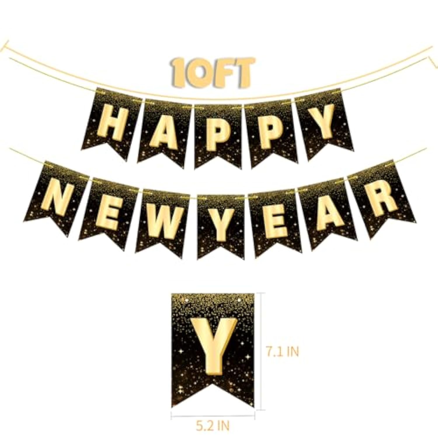 Happy New Year Banner 10ft Black Gold NYE Party Decor