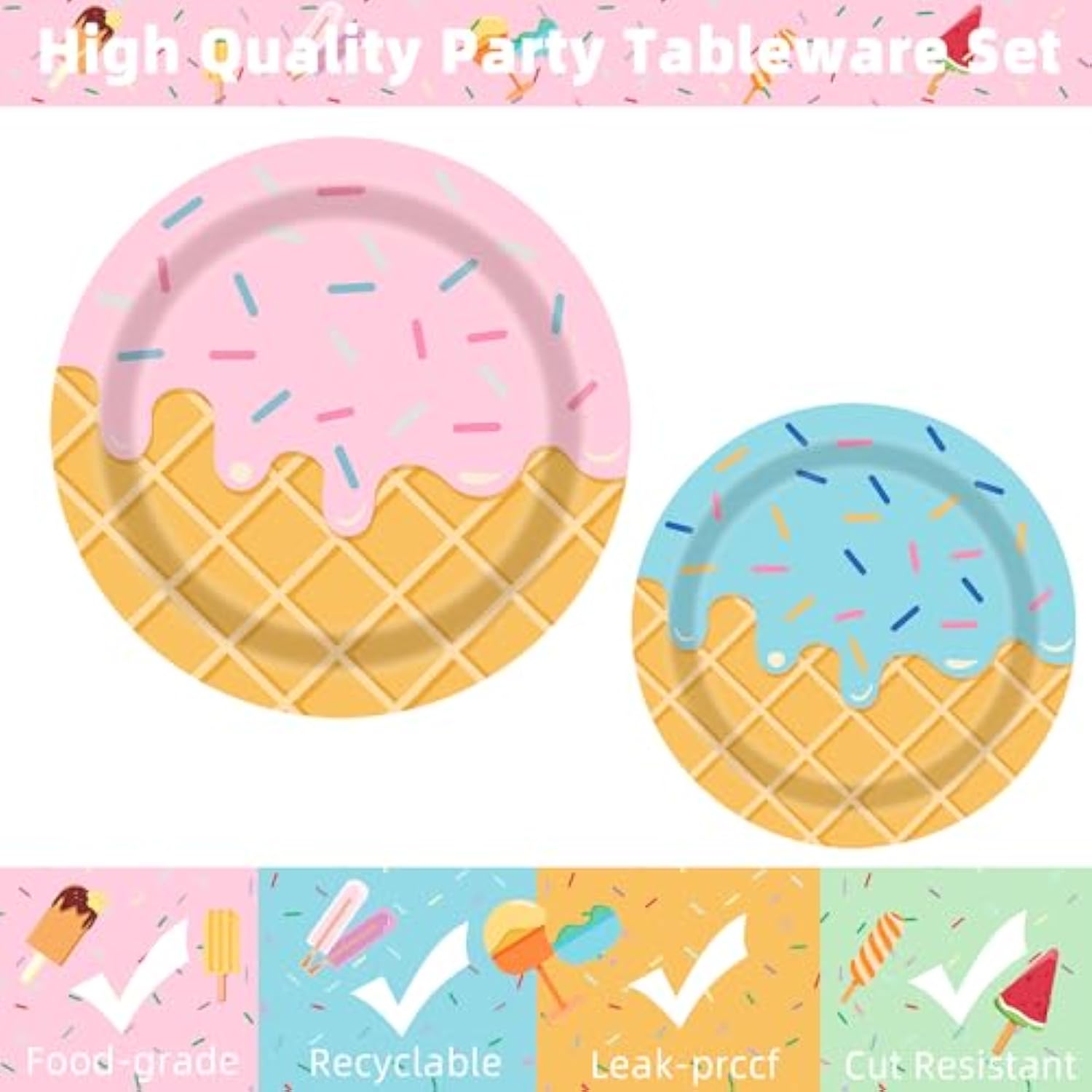 Ice Cream Party Decorations 96Pcs Ice Cream Plates And Napkins Forks For Kids Girls Baby Shower Ice Cream Birthday Party Supplies