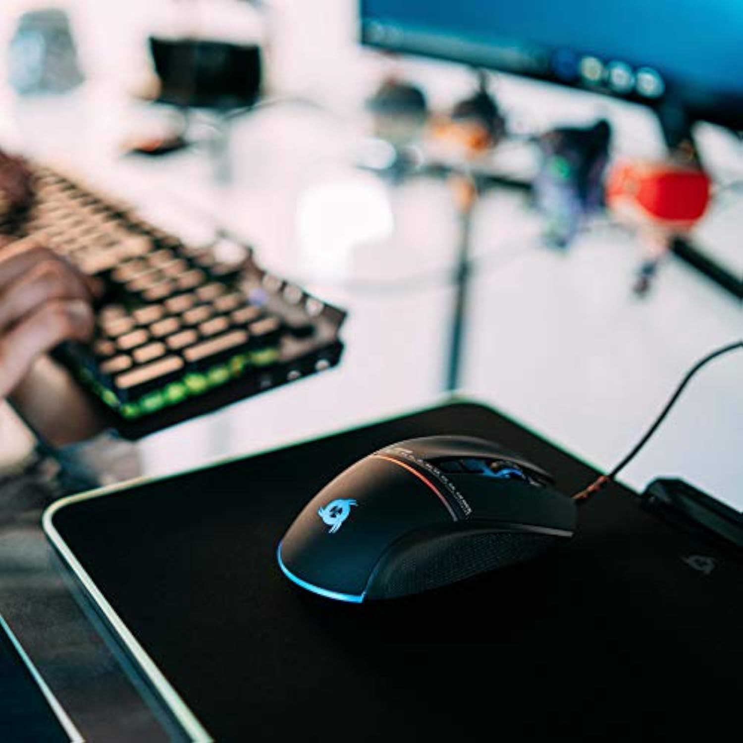 KLIM RGB Gaming Mouse Pad - Large LED USB Black Hard Surface Gamer Mousepad - Chroma Lighting Effects - LED Lights Up - 13.7 x 10.3 x 0.4 inches - Ergonomic