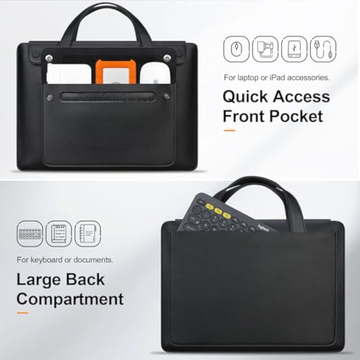 14 Inch Laptop Sleeve Case Bag For Hp 14" Laptop, Lenovo Dell Asus Acer Chromebook 14, Hp Stream 14, Dell Latitude 14, Asus Vivobook 14, Leather Computer Bag With 3 Compartments & Handle, Black