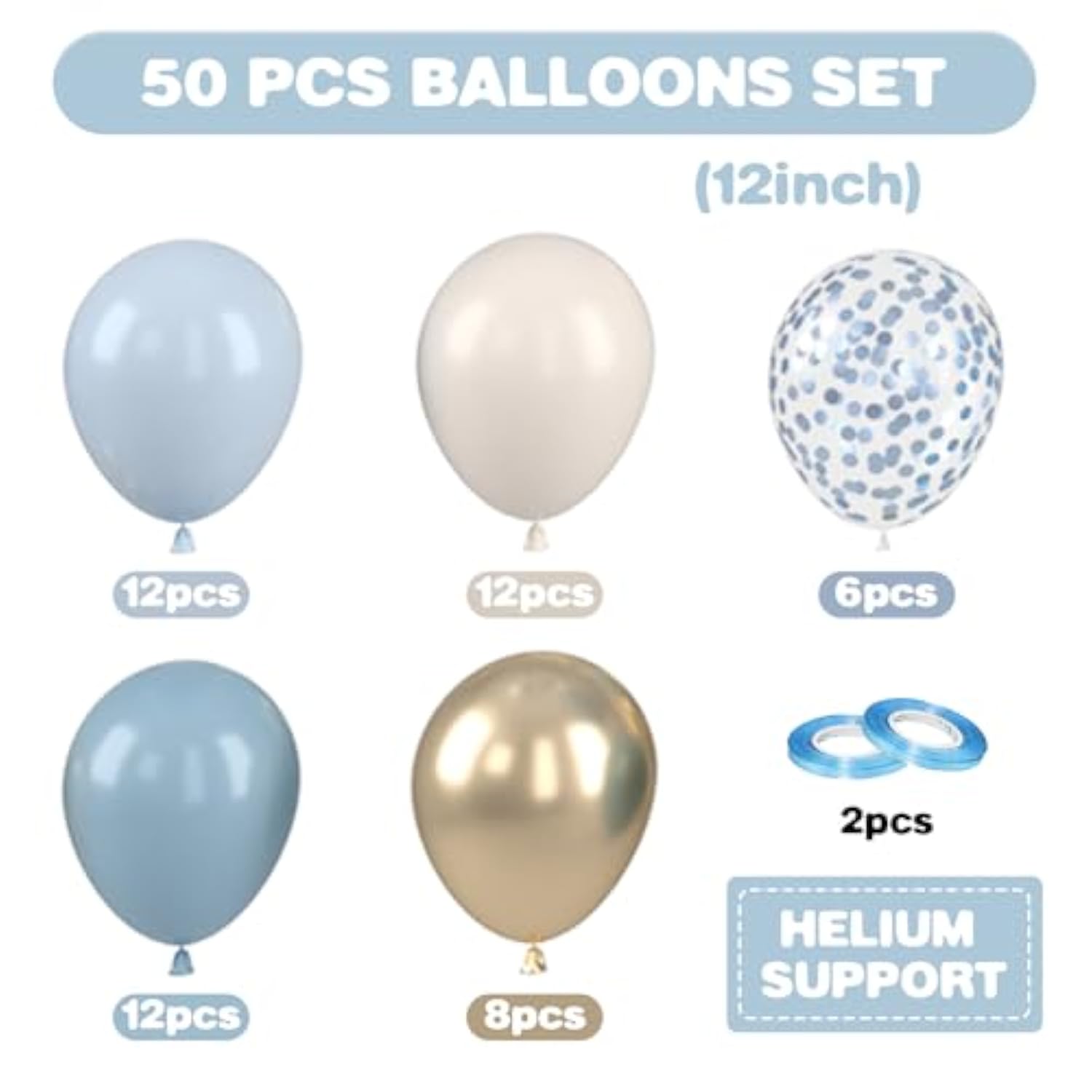 Dusty Blue And Gold Balloons, 12 Inch Blue Gold Balloons, Retro Fog Blue Metallic Golden White Confetti Balloons Latex Balloon For Wedding Baby Shower Gender Reveal Birthday Party Decoration