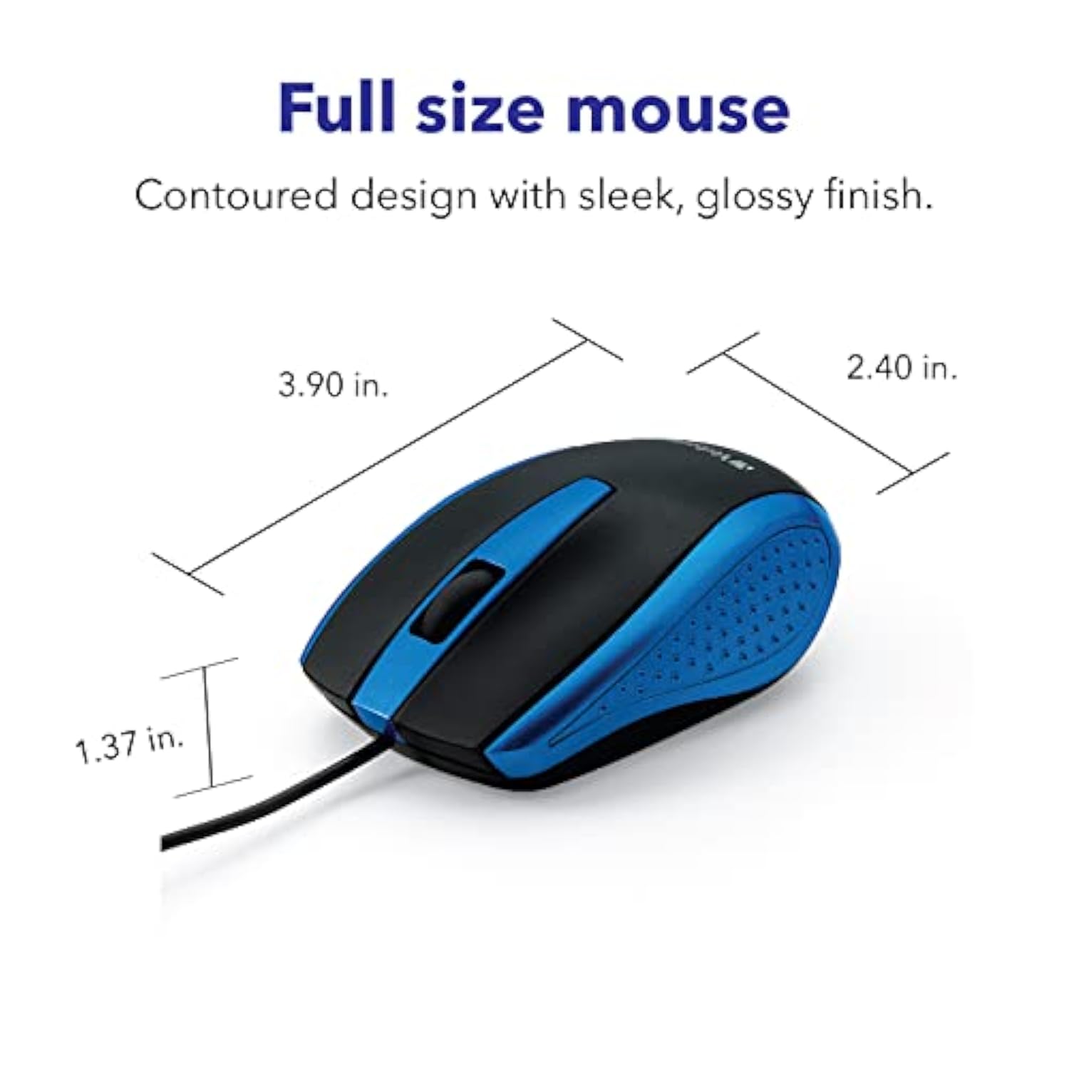 Verbatim Wired USB Computer Mouse - Corded USB Mouse for Laptops and PCs - Right or Left Hand Use, Blue 99743, 1.4" x 2.4" x 3.9"