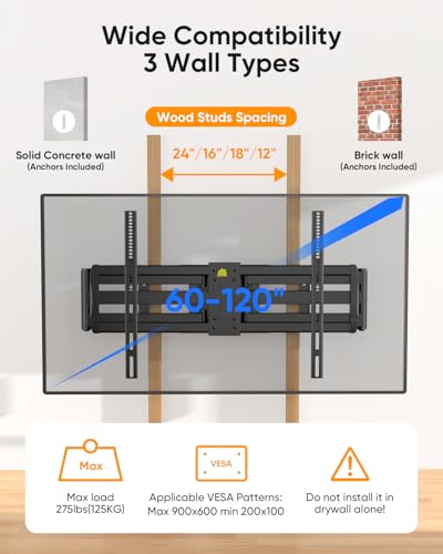 Long Arm TV Wall Mount with 42.9 inch Extension and Power Strip for 60120 Inch TVs, Heavy Duty Full Motion TV Mount,VESA 900x600mm,up to 275