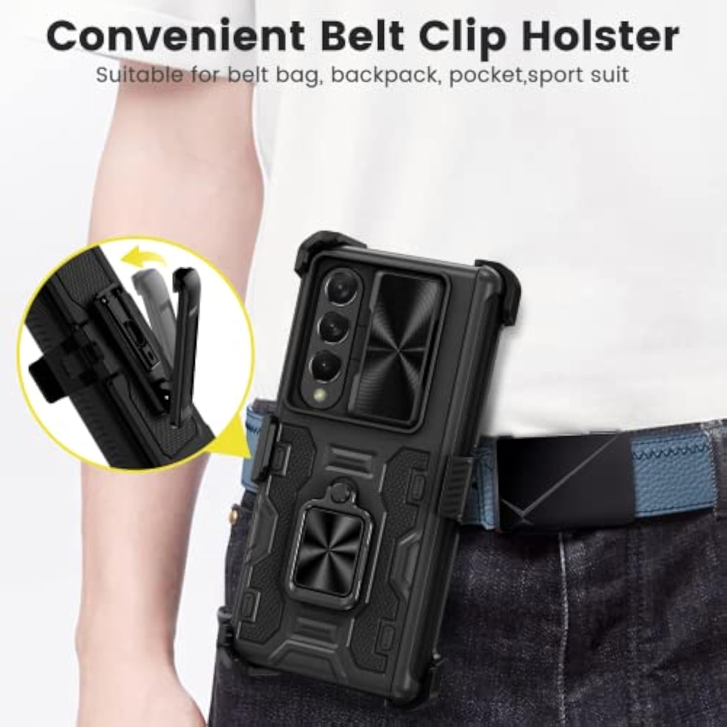 For Z Fold 4 Case, Galaxy Z Fold 4 Case With Kickstand & Belt-Clip Holster Camera Cover With Built-In 360°Rotate Ring Stand Magnetic Case For Samsung Galaxy Z Fold 4 -Black