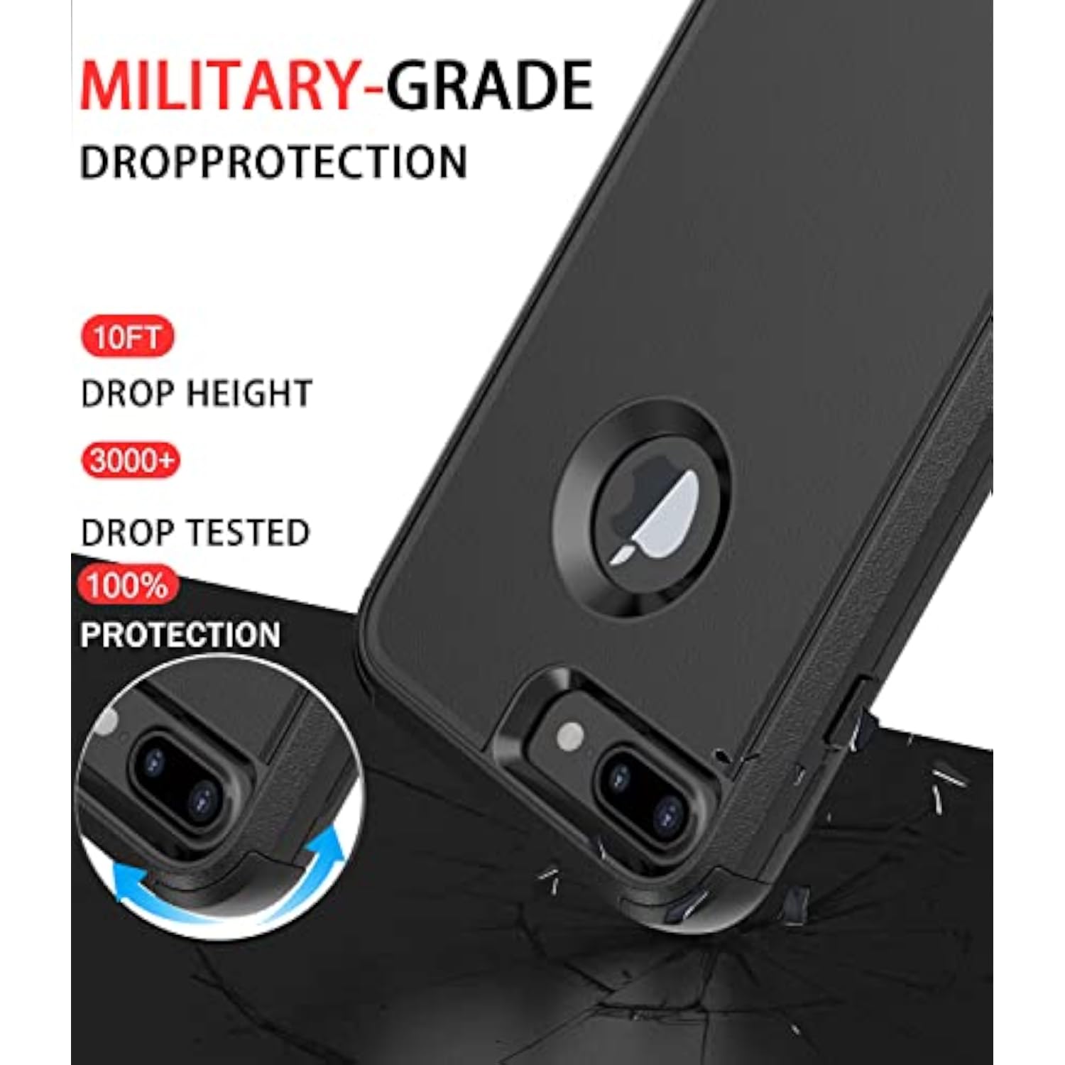Heavy Duty Shockproof Phone Case for Apple iPhone 8 Plus and 7 Plus, Black