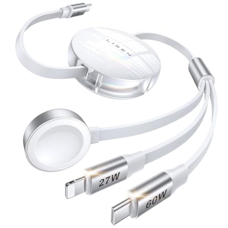 Retractable Apple Watch Charger Usb C Cable Fast Charging, 3 In 1 Charging Cable, Retractable Car Charger For Multiple Travel Devices For Apple Watch 10/9/8/Ultra 2, Iphone 16/15/14, Galaxy S25
