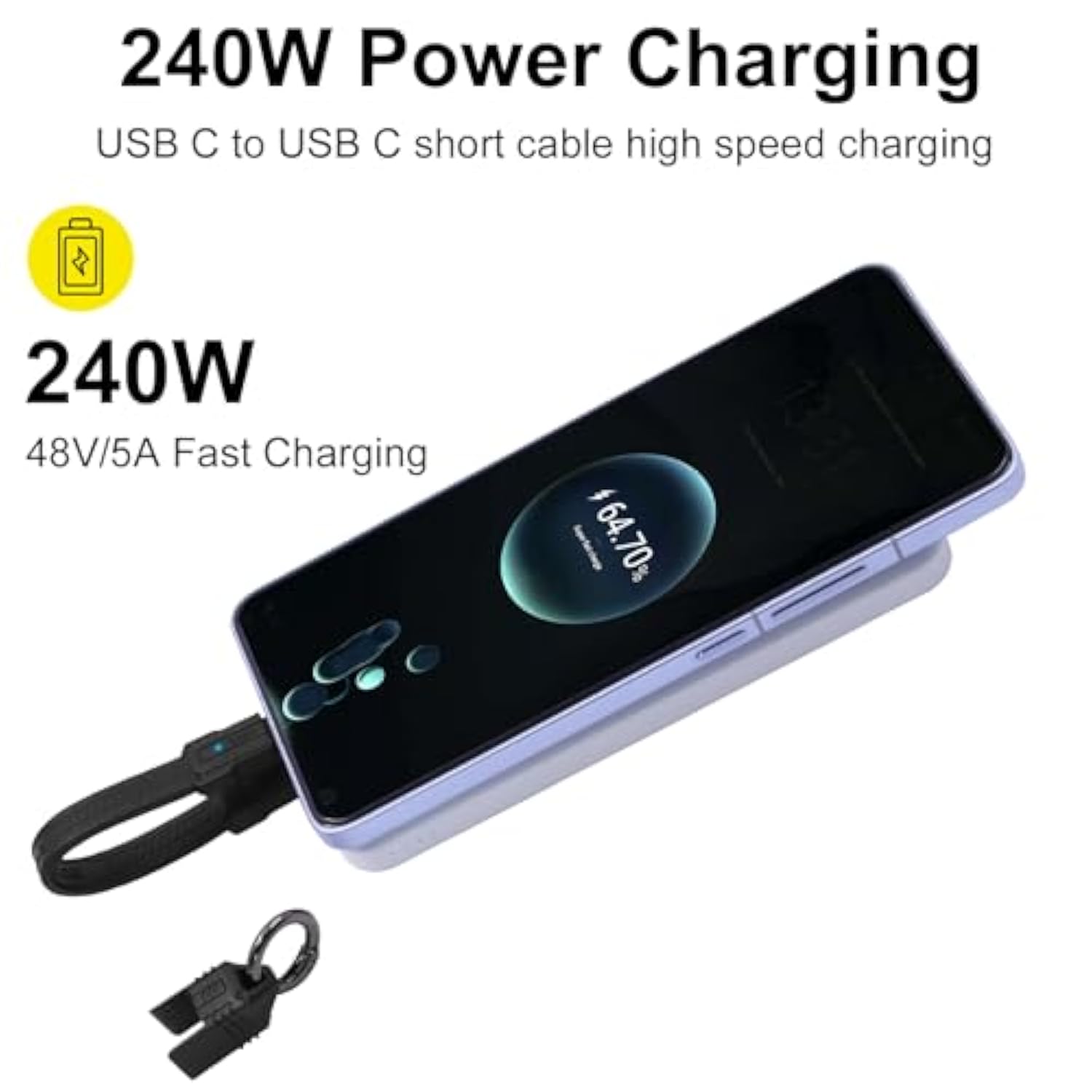 Usb C Cable Keychain, 240W Usb C Keychain Cable, 80Gbps Data Transfer, 8K 60Hz Video Display For Iphone 16 15, Thunderbolt 4/3, Laptop, External Ssd, In Black 13Cm