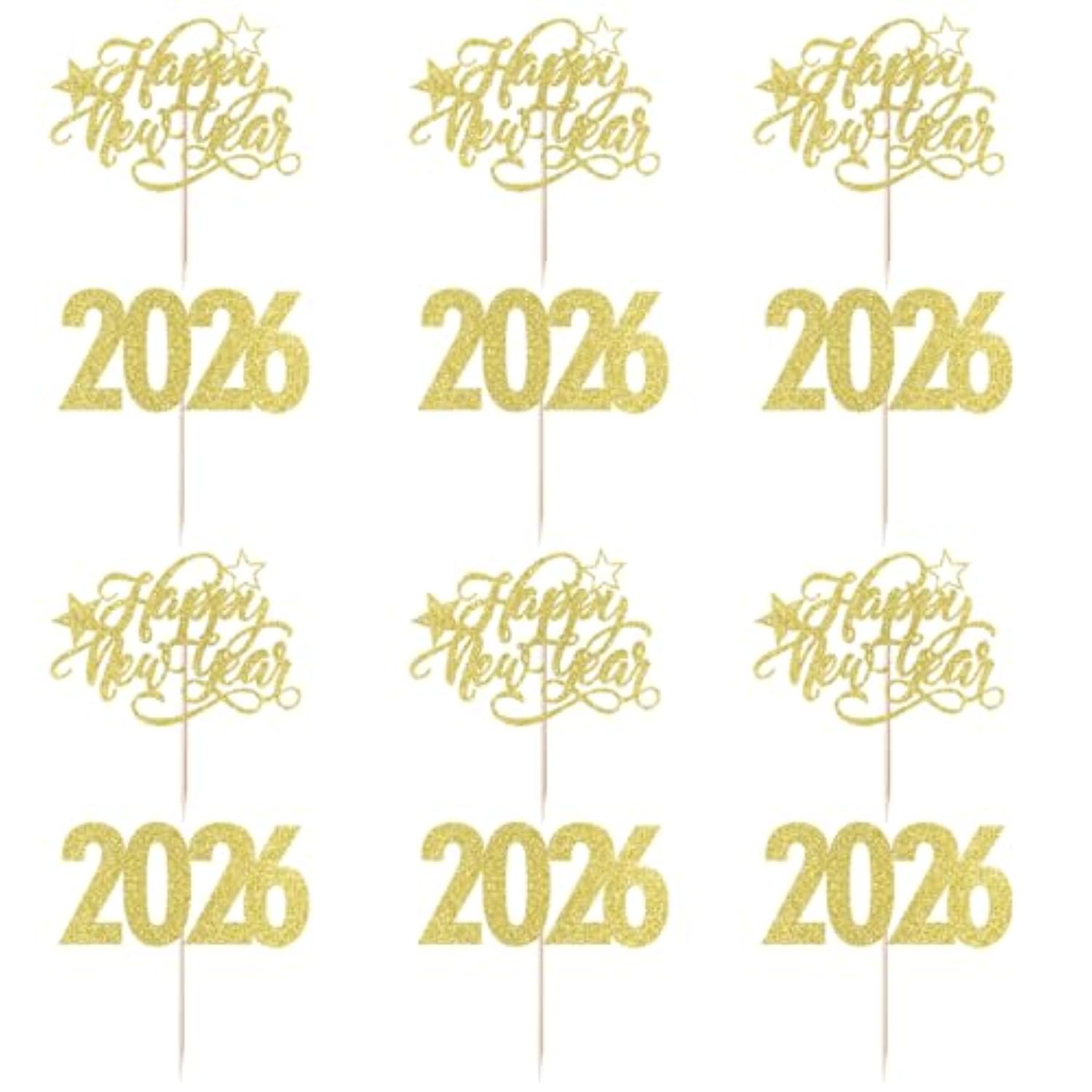 12pc Glitter Happy New Year 2026 Cupcake Toppers Gold Cake Picks