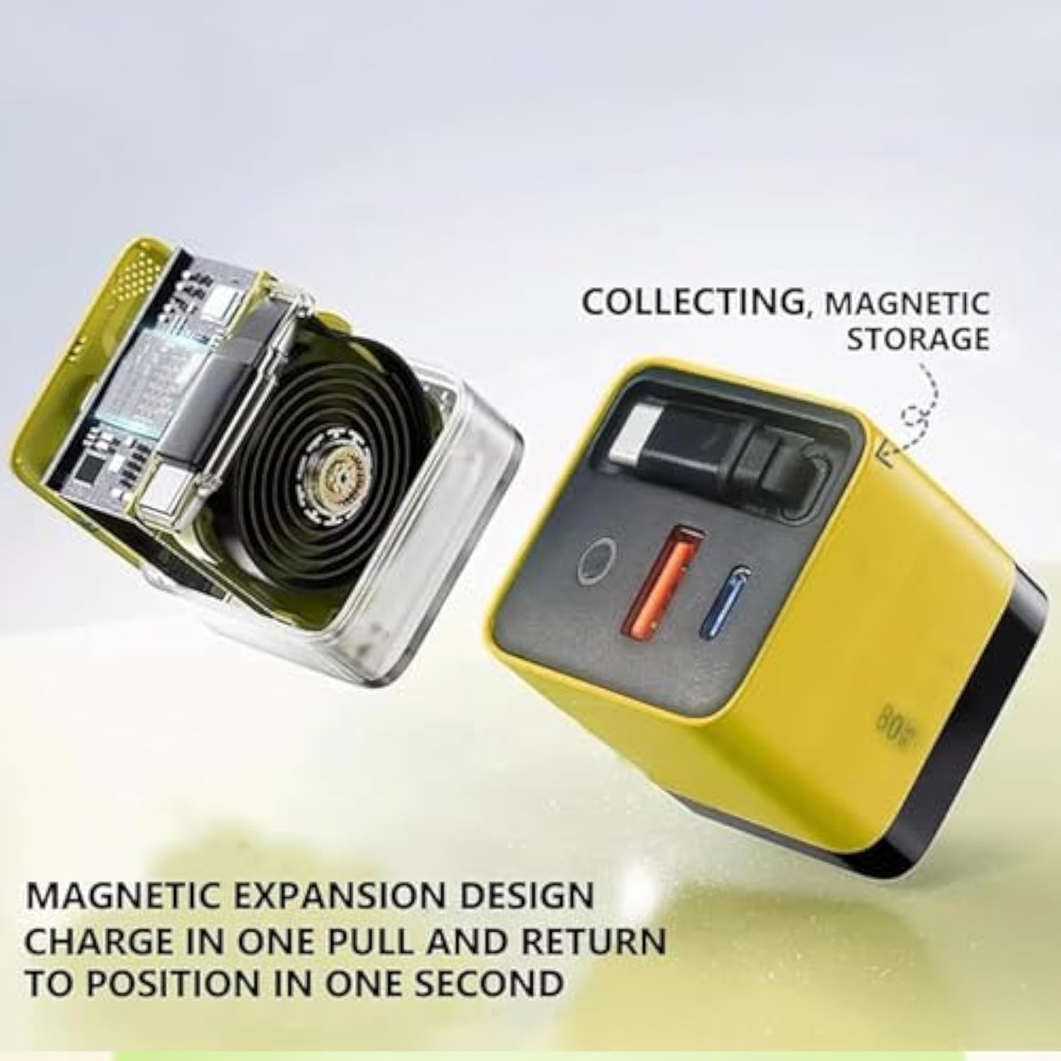 3 In 1 Gan Charger,Scalable 80W Max Fast Charger Module With Type-C Cable And 2 Usb Ports, Retractable Phone Charger Wall Plug For Phone And Laptops (Yellow)