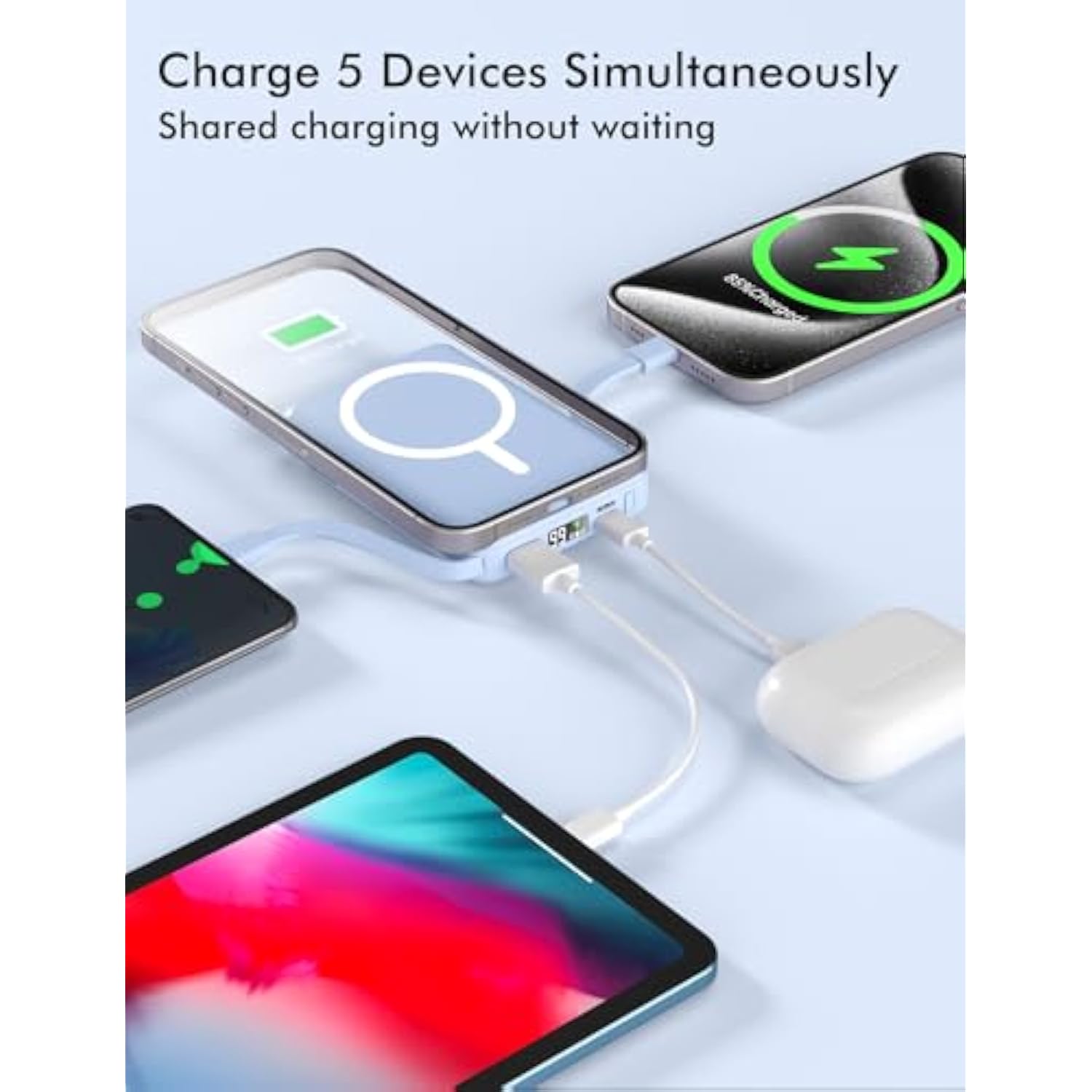 For Magnetic Battery Pack, 10000Mah Battery Pack Built-In Double Usb C Cables 22.5W Pd Fast Charging Led Display Magnetic Portable Charger For Iphone 16/15/14/13/12 Series-Sierra Blue