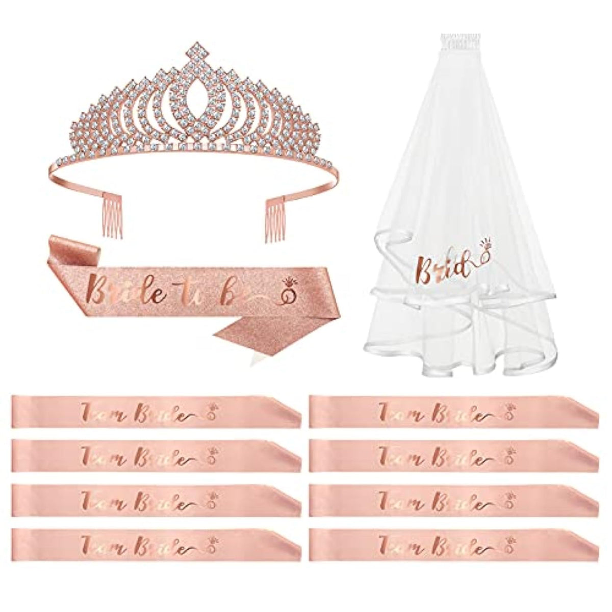 Bachelorette Party Decorations Kit, Bridal Shower Supplies, Rose Gold Bride To Be Bachelorette Sash Veil Crown Tiara For Bride, Team Bride Tribe Sash For Bridesmaids