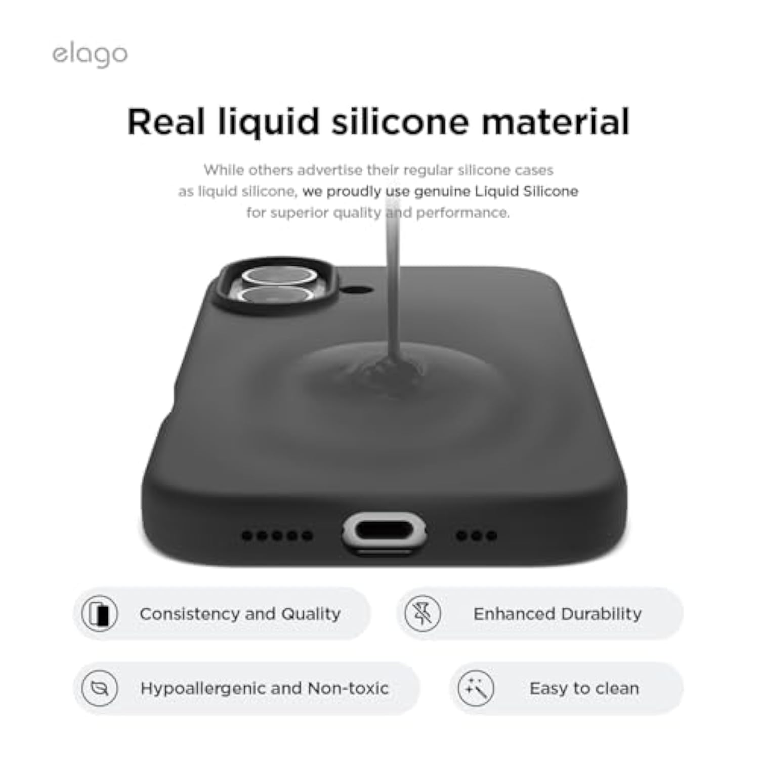 elago Compatible with iPhone 16 Case, Premium Liquid Silicone Case, Full Body Protective Cover, Shockproof, Slim Phone Case, Anti-Scratch Soft Microfiber Lining, 6.1 inch (Black)