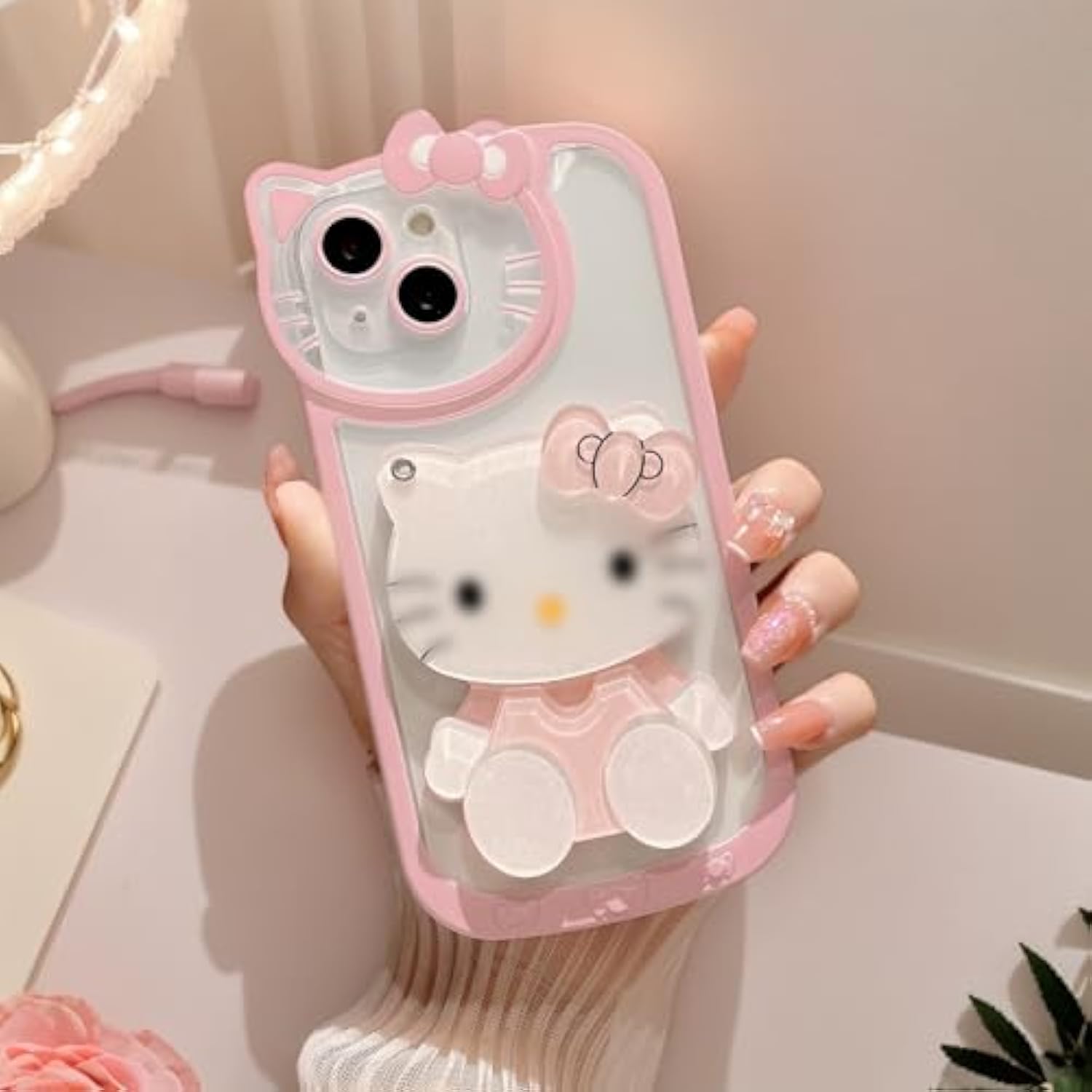 For Iphone Xr Cute Cartoon Case,Women Girls Kids 3D Bow Kawaii Pink Cartoon Face Makeup Mirror Soft Tpu Clear Protective Phone Cover 6.1Inch