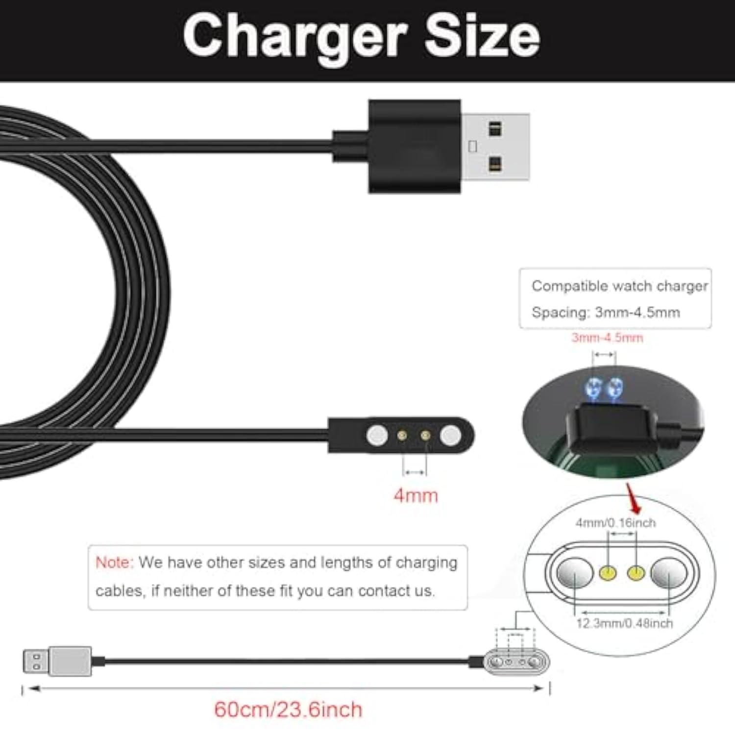 2 Pin Chargers For Ip68/Ip67 Smart Watch Charger, 4Mm Magnetic Usb Charging Cable For Ip67/Ip68 Waterproof Smart Watch/Fitness Tracker (Pin Spacing 4Mm)