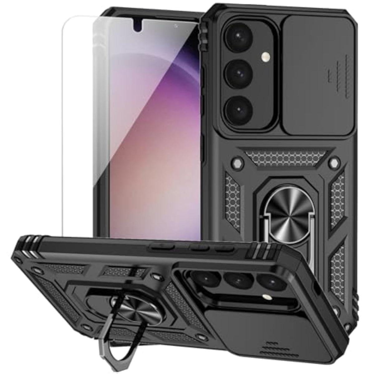 Samsung Galaxy S24 Plus Case with Camera Lens Cover HD Screen Protector, Military-Grade Drop Tested Magnetic Ring Holder Kickstand Protective Phone Case for Samsung Galaxy S24 Plus (Black) - Slim Fit Dual Layer Case with Optimal Protection