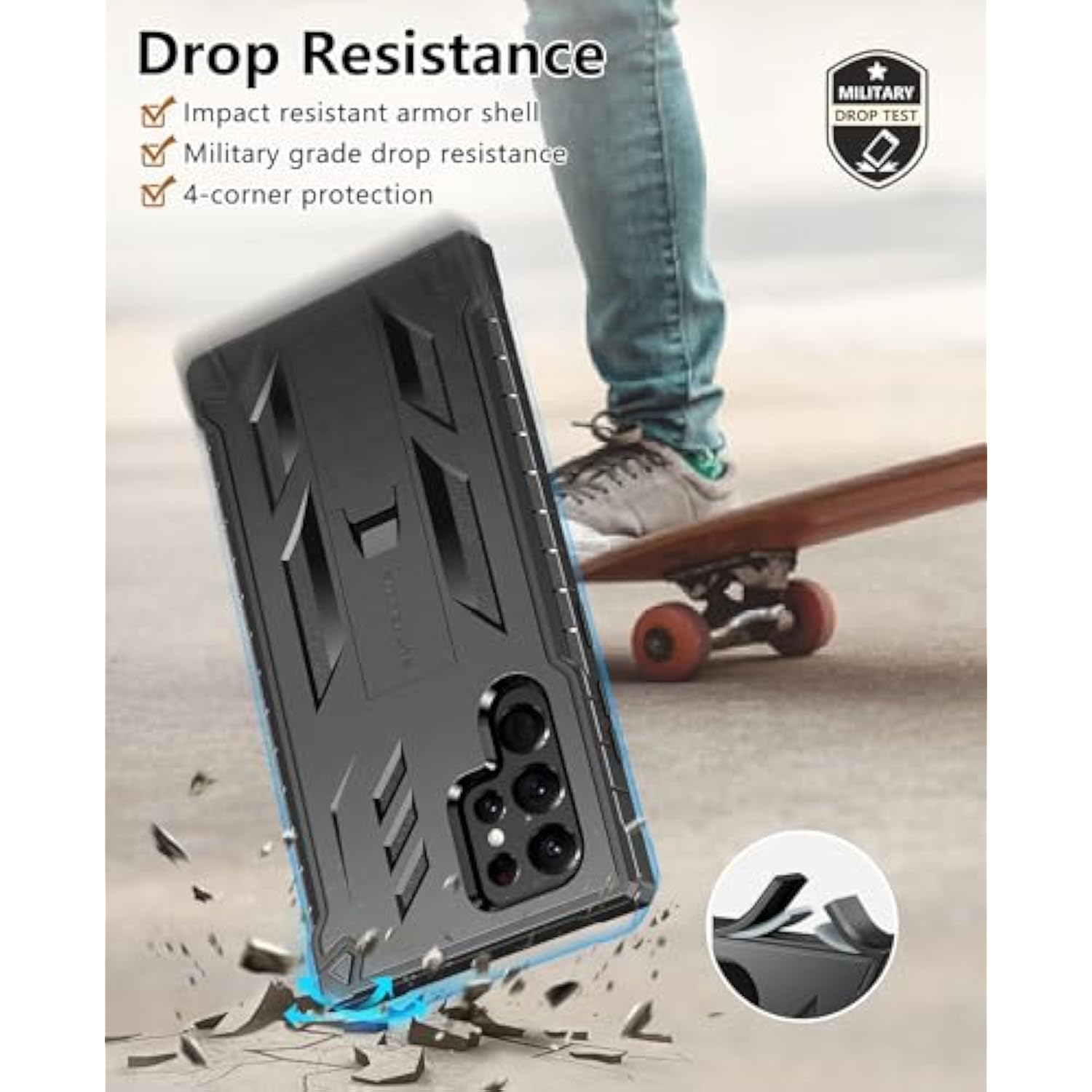 For Samsung Galaxy S22 Ultra Case: Built-In Screen Protector & Kickstand Full-Body Dual Layer Rugged Military Grade Shockproof Protection Heavy Duty Protective Phone Cover 5G-Black