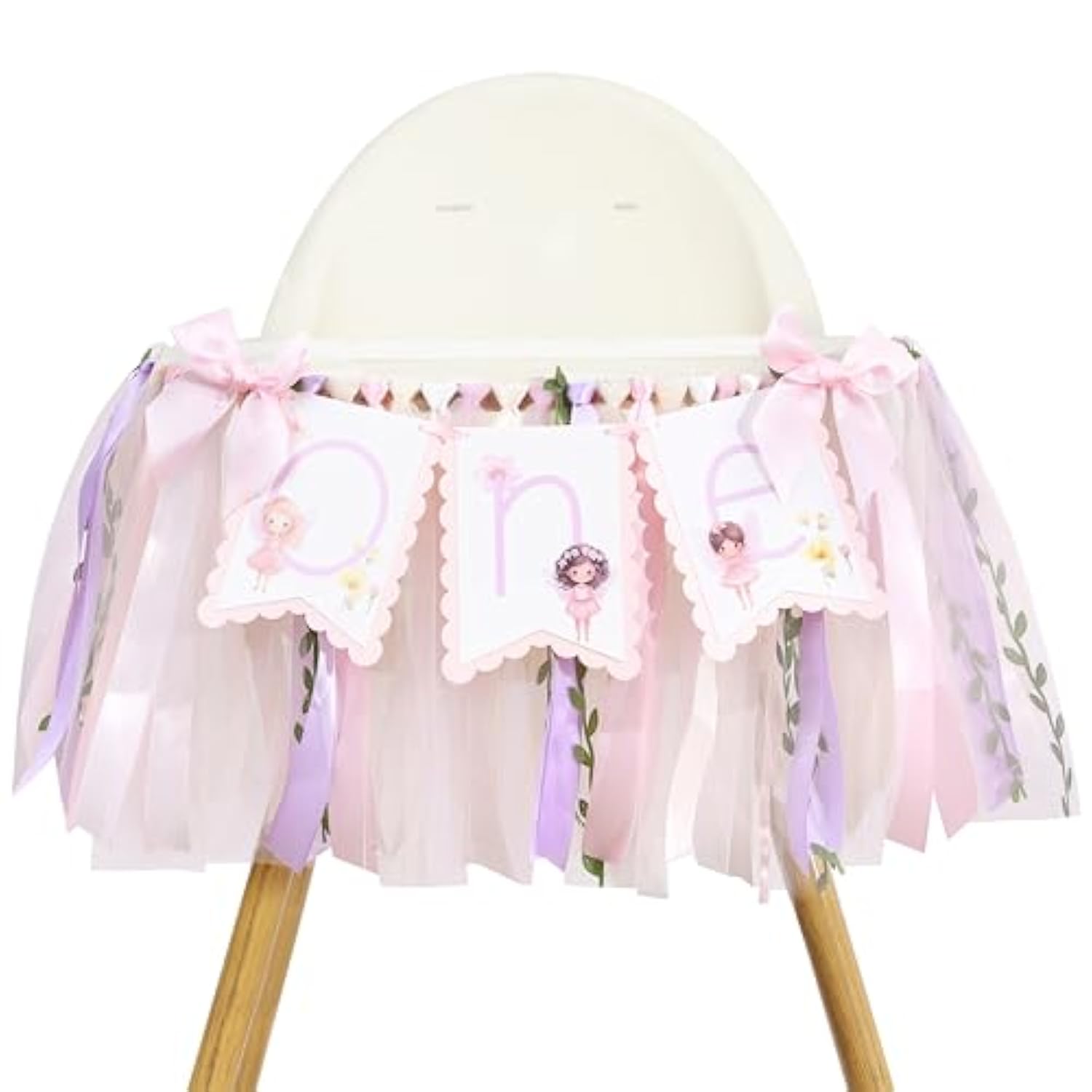 Fairy One High Chair Banner - Little Fairy 1St Birthday Party Decoration,Sweet Floral Highchair Banner With Ribbon,Princess Tea Party Photo Backdrop,Flower Fairies First Birthday Garland