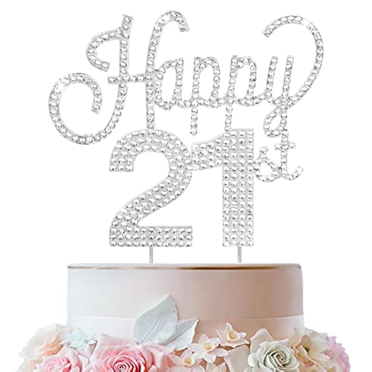 Happy 21St Birthday Silver Rhinestone Cake Topper - Cheers To 21St Birthday 21 Years Old Party Cake Centerpieces Topper Decorations Gift Sign.