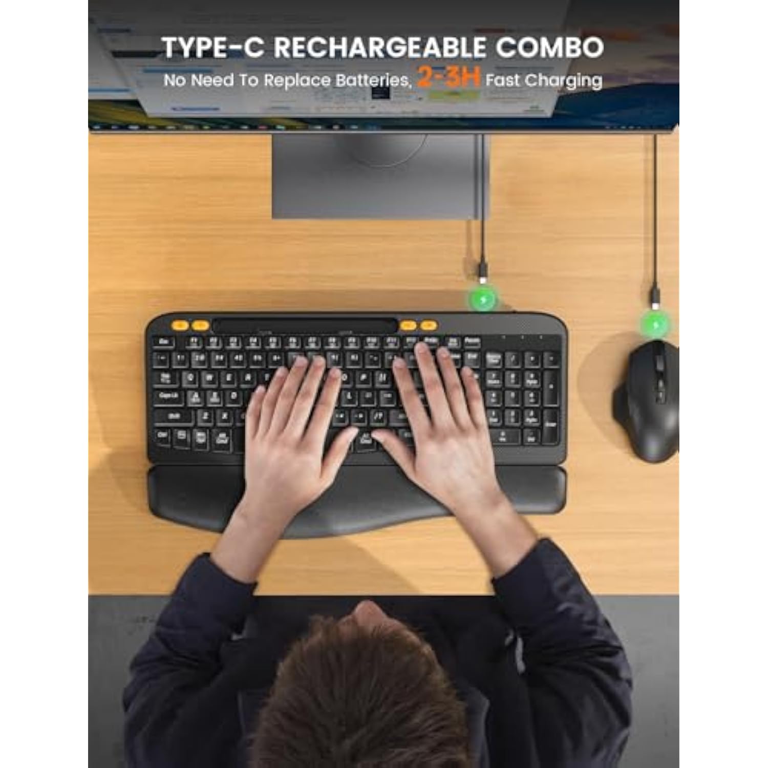 Wireless Keyboard And Mouse Combo, Ergonomic Wave Keys, Cushioned Plam Rest, Rechargeable, Phone Holder, Natural Typing, 2.4G Lag-Free, Full Size Keyboards Cordless Set For Windows/Mac -