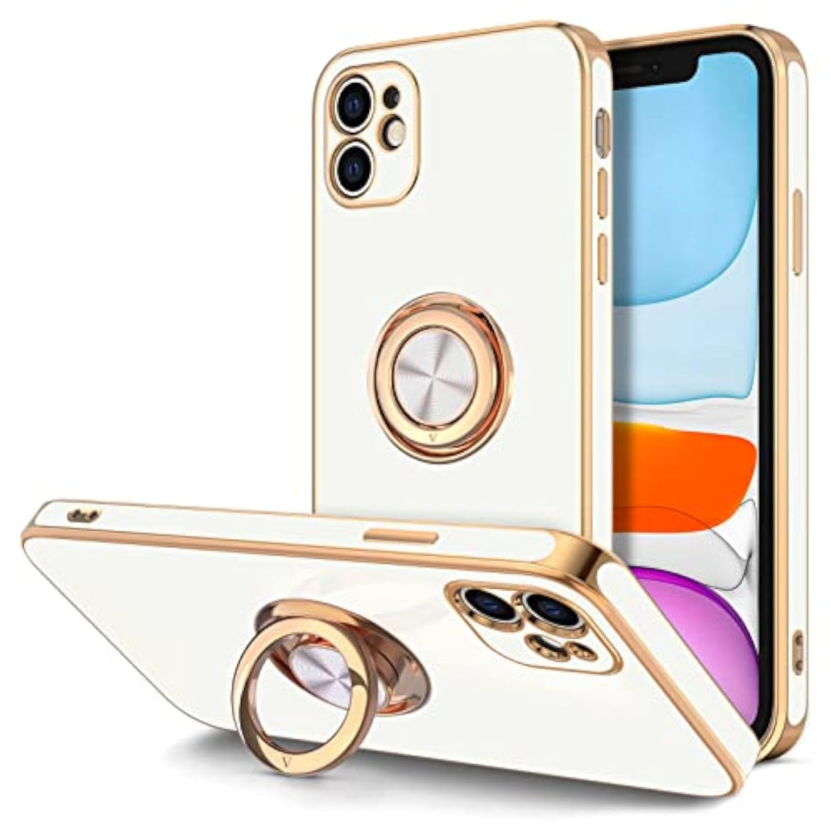 For Iphone 11 Case With Ring Stand [360°Rotatable Ring Holder Magnetic Kickstand] [Shiny Plated Rose Gold Edge] Slim Soft Tpu Cover Luxury Protective Phone Case For Women Men, White