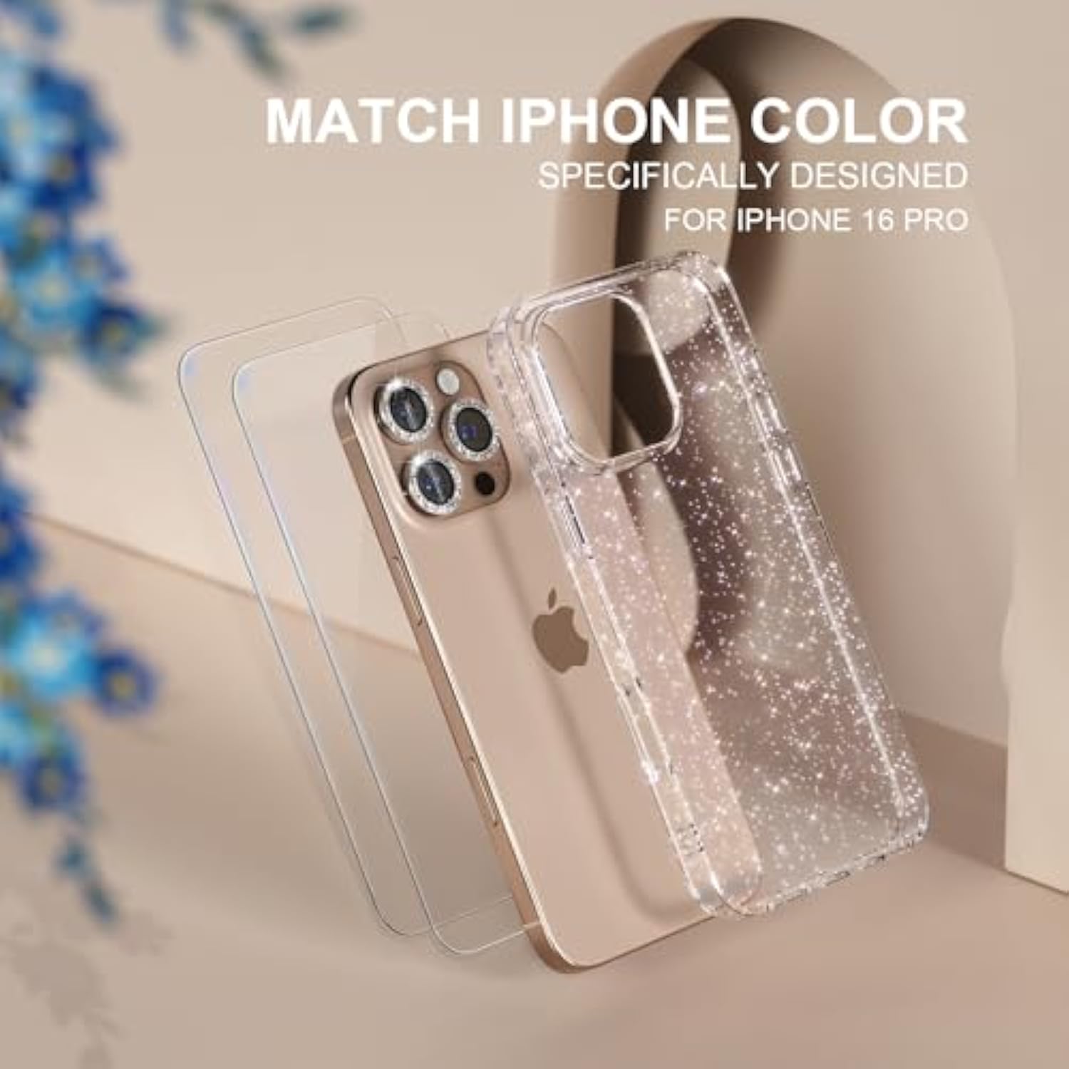iPhone 16 Pro Case, Cute Clear Glitter, 3 Diamond Lens Protectors, 2 Screen Protectors
