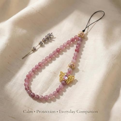 Beaded Phone Wrist Strap Gold Butterfly Charm Vintage Enamel Filigree Beads Chalcedony Beaded Lanyard for iPhone (Pink)