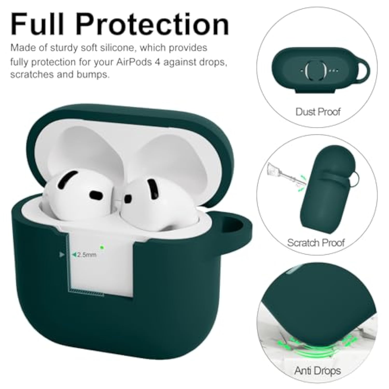 Compatible With Airpods 4Th Generation Case Cover, Soft Protective Silicone Skin With Clean Kit Accessories For Apple Airpods 4 Gen 2024, Front Led Visible, Dark Green