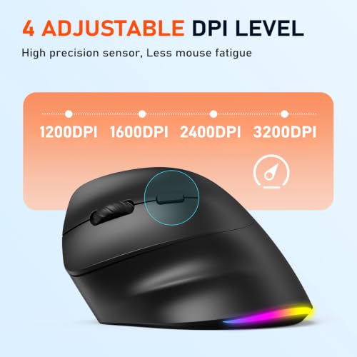 Left-Handed Ergonomic Mouse, Wireless Vertical Rgb Rechargeable Mouse, Bluetooth(5.2 + 3.0) & Usb-A With Usb-C Adapter 4 Adjustable Dpi Mice For Mac/Windows/Pc/Tablet/Ipad Black