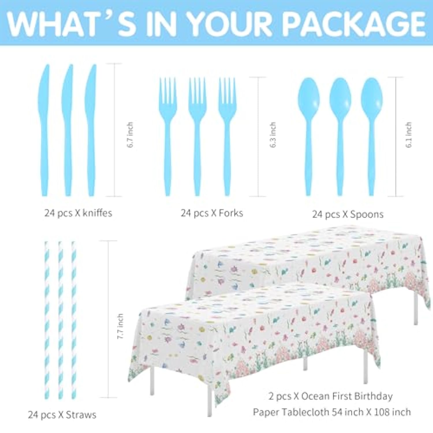 Oneder Sea First Birthday Decorations Tableware, Ocean Theme Under The Sea Party Decorations For 1St Birthday, Paper Plate, Cup, Napkin, Tablecloth, Cutlery, Serves 24